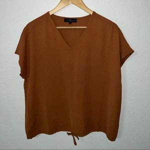 Fred David Rust Colored Tie Waist V Neck Textured Satin Like Blouse Size Large.